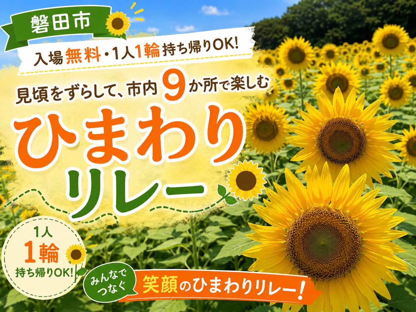 磐田市｜入場無料・1人1輪持ち帰りOK。見頃をずらして磐田市内9か所で楽しむ「ひまわりリレー」